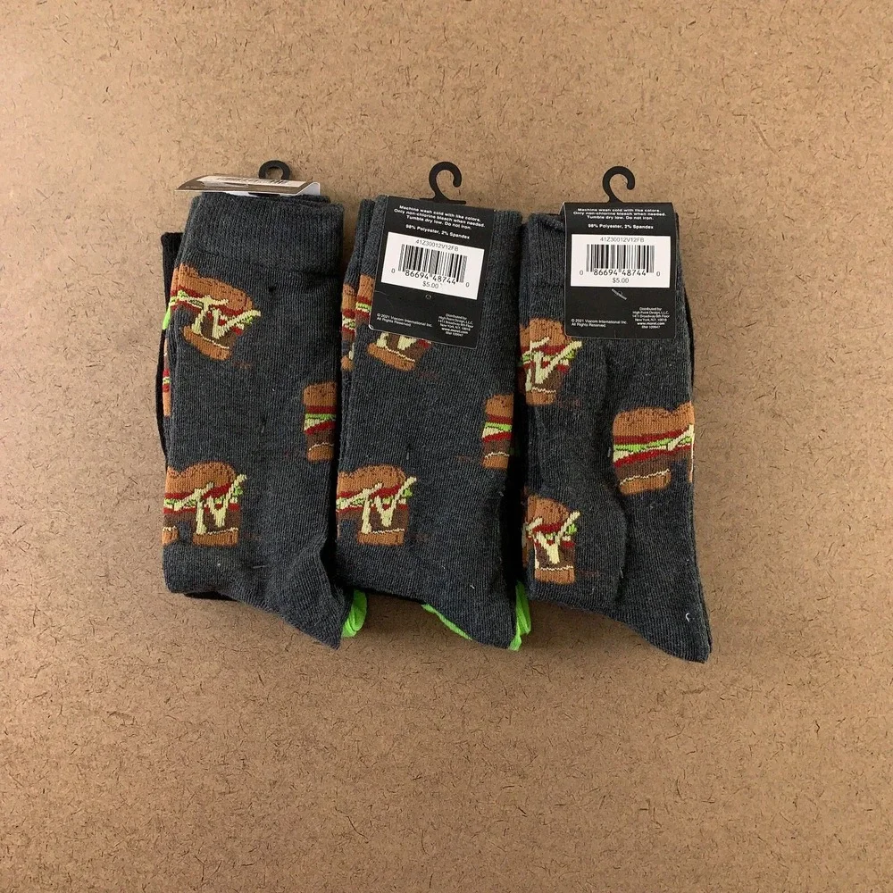 MTV Men's Shoe Size 6-.5-12 Colorful Hamburger Fry Printed Crew Socks 6 Pair NWT